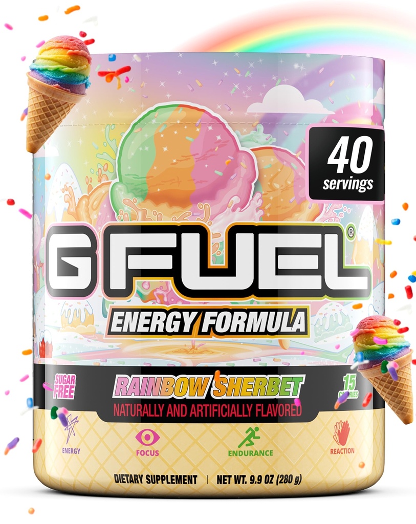 G Paliwo Rainbow Sherbet Energy Drink Powder, Przed treningiem Kofeina Mix do gry, Sugar Free Focus Amino, Witamina + Przeciwutleniacze, 9.9oz (Rainbow Sherbet, 40 Servings)