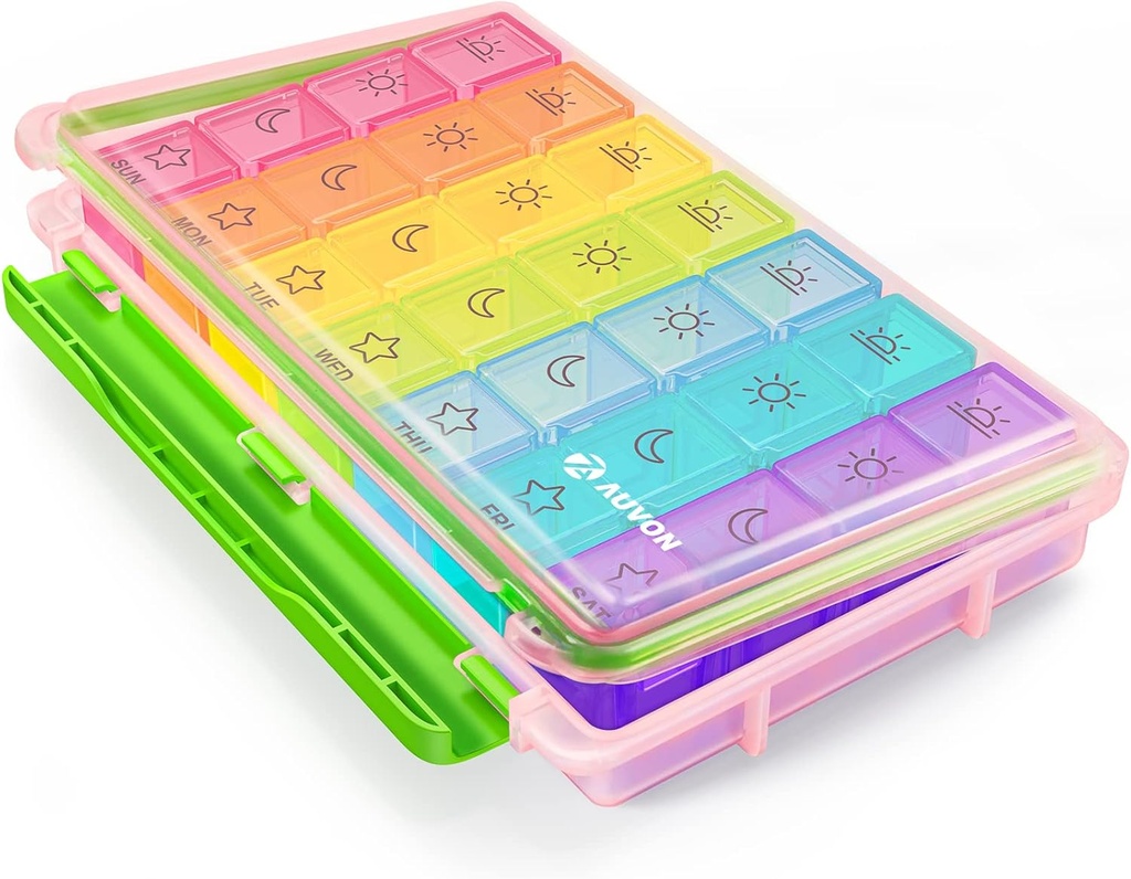 AUVON iMedassist Moisture- Dowód Cotygodniowy Pill Organizator 4 razy dziennie, duży 7 dzień Pill Box Case z przenośnym designem dla podróży, Usuwalne indywidualne kontenery trzymać witaminy, Suplementy, Leki