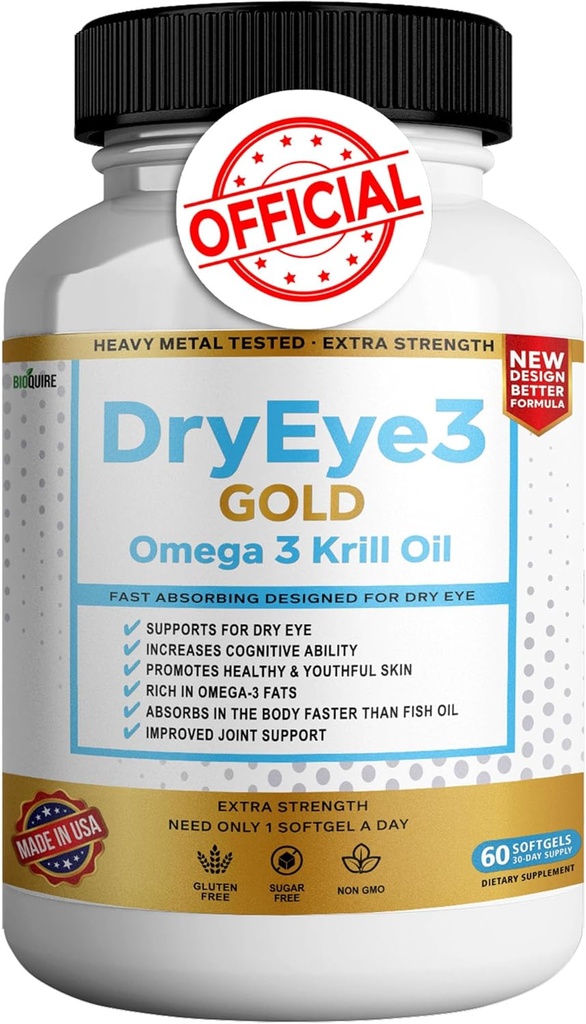Suche Eye 3 Gold Omega 3 oleju kryla Extra Siła, 60 Softgels, Suche wsparcie oczu, Non-GMO, Gluten Free, Sugar Free (1)