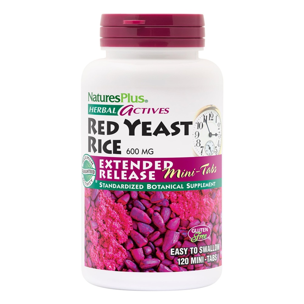 NaturesPlus Herbal Actives Red Yeast Rice, Rozszerzone wydanie - 600 mg, 120 Mini Tablets - Herbal Supplement - Wegan, Wegetarianin, Gluten- Free - 60 Służenia