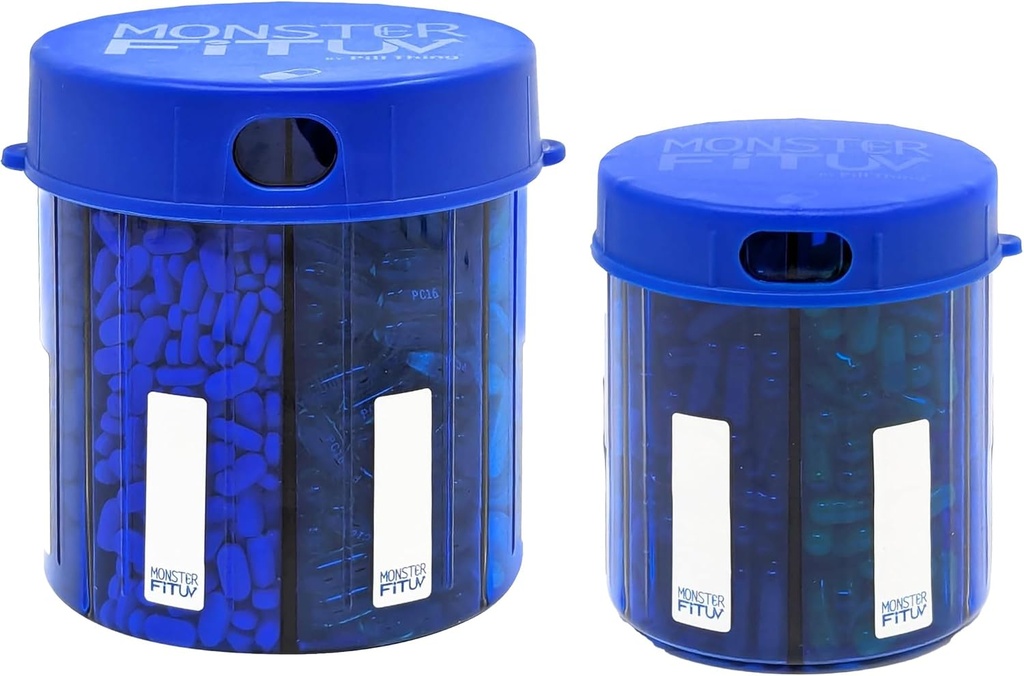 Monster Supplement Pill Dispenser z etykietami kombajnu - Bardzo duży pojemnik na butelki Butelki Prawie każdy suplement - Łatwy do rozwiązania (Monster Blue & Monster Jr. Blue)