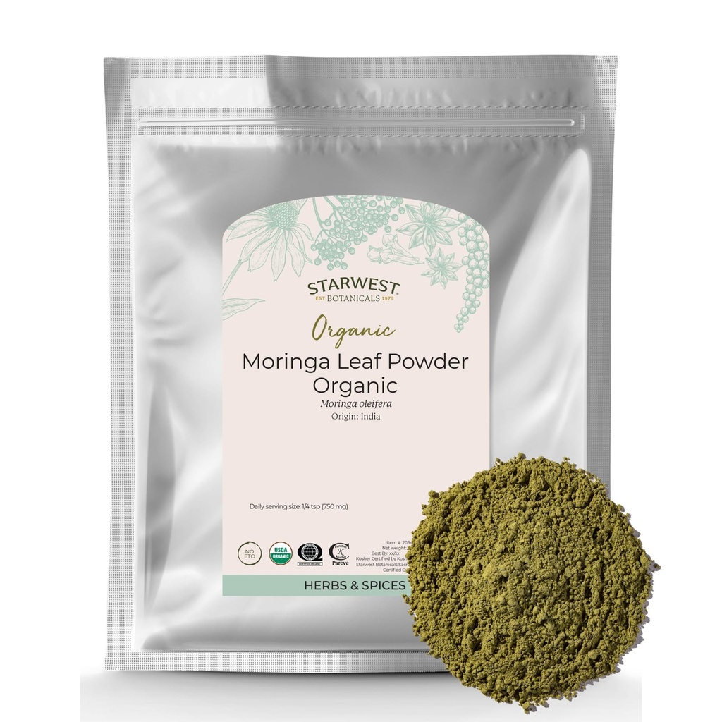 Starwest Botanicals Organic Moringa Leaf Powder - Zielony Superfood Proszek do herbaty, Kapsułki, Sok, & Smoothies, Naturalne źródło przeciwutleniaczy, Certified Kosher, Nie GMO - Bulk 1 lb Bag
