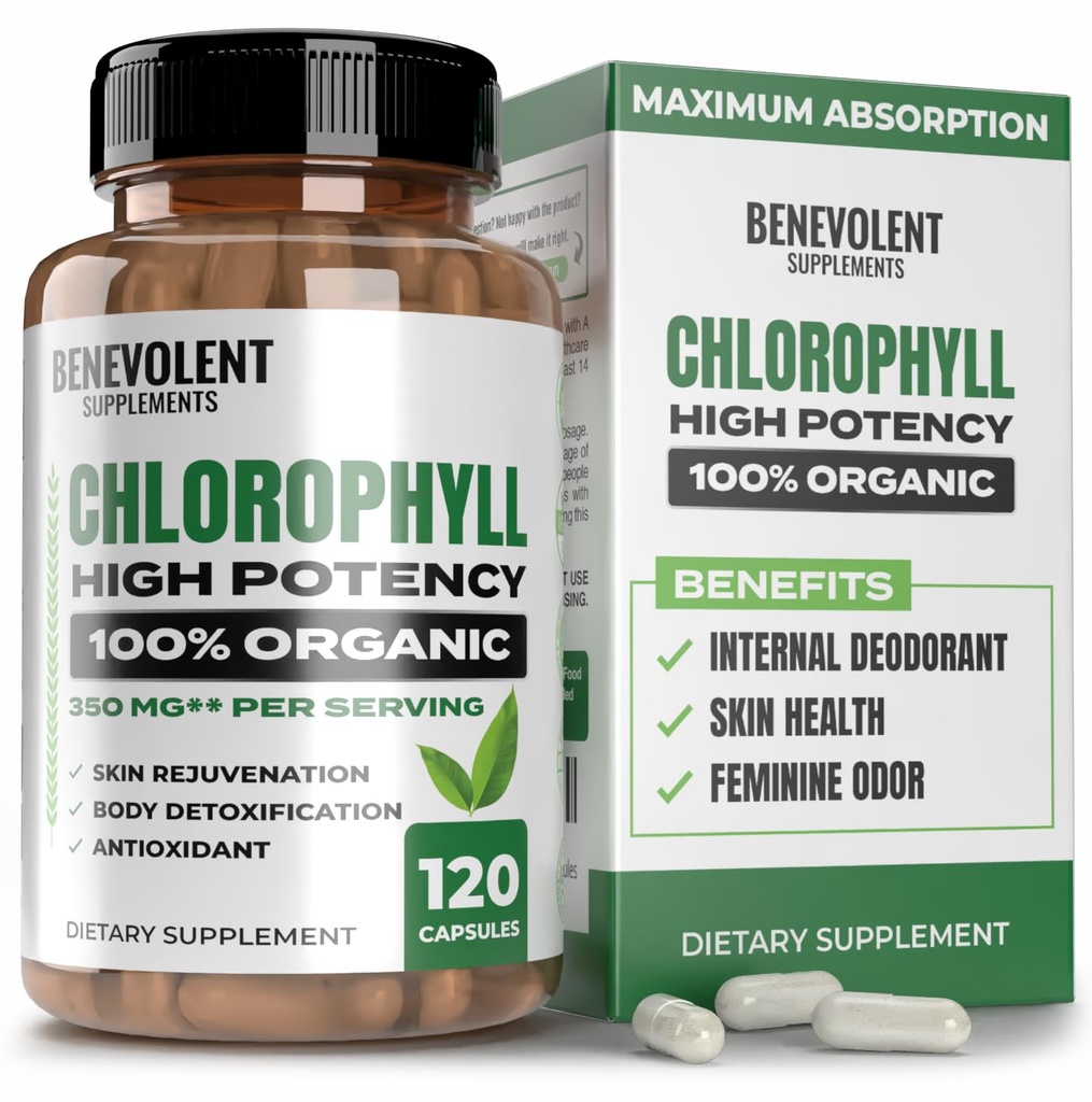Miłosierny Chlorofil kapsułki 350mg - 100% Natural + Ultra Chlorofil 20x Stężenie potencji na zwiększenie energii, Wsparcie immunologiczne, Dezodorant wewnętrzny, Zdrowie skóry, Non-GMO, 120 Kapsułki