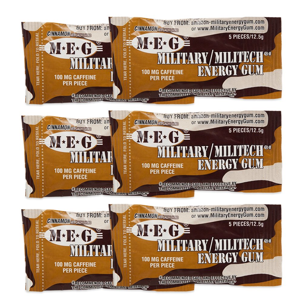 MEG - Military Energy Gum Agregat 124; 100mg kofeiny na kawałek + Zwiększenie energii + Zwiększenie sprawności fizycznej + Cynamon 6 Pack (30 Count)