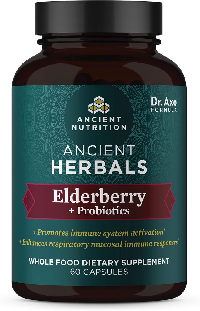Ancient Nutrition Elderberry and Probiotics Supplement, Ancient Herbals Black Elderberry Capsules, Immune System Supplement, All Food Supplement, Gluten Free, Paleo i Keto Friendly, 60 Kapsułki