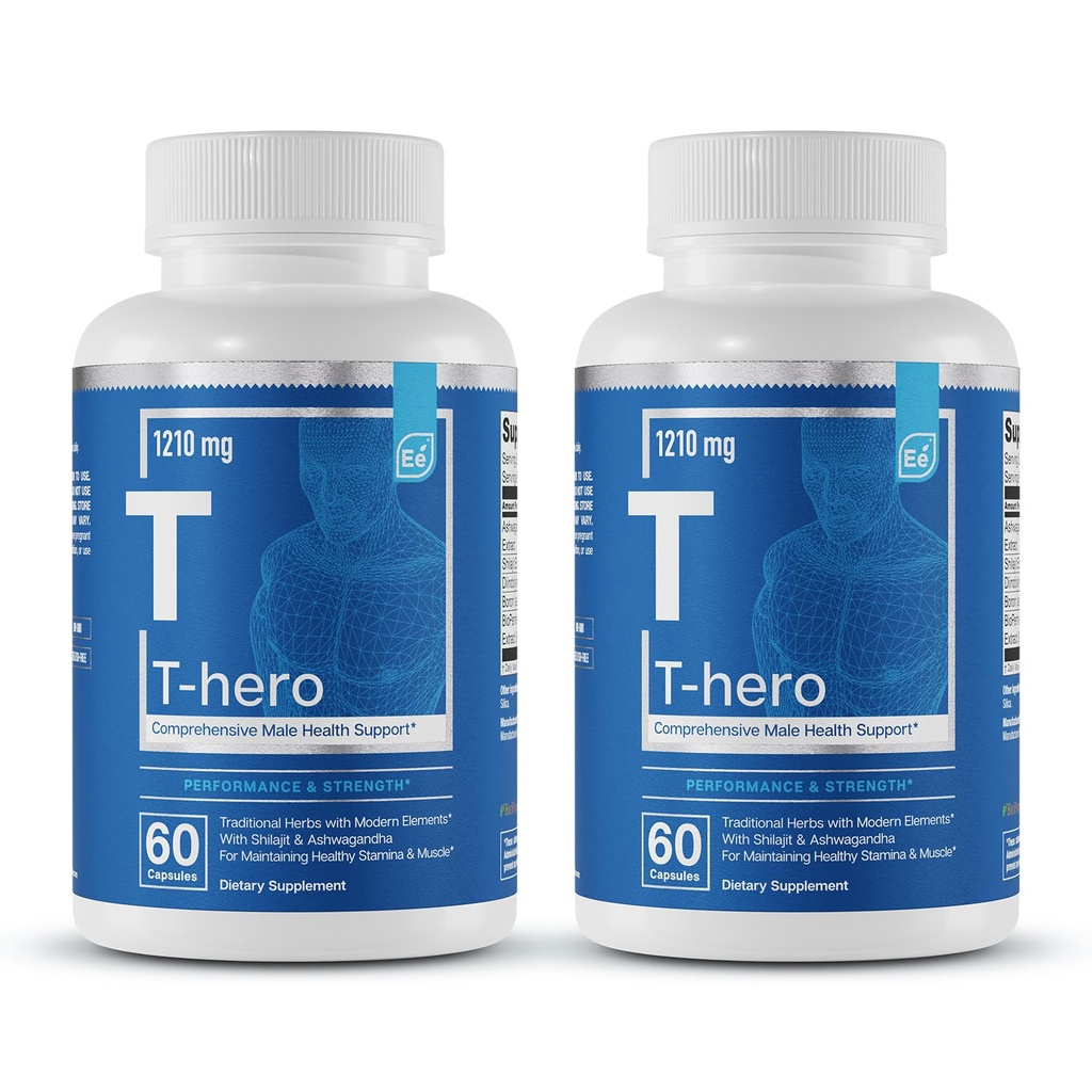 Elementy zasadnicze T- Hero - Codzienne wsparcie testosteronu dla mężczyzn - Promotes Vitality & Drive - z Ashwagandha, Shilajit, Boron, DIM - 60 Hrabia - 30 Sług (2- Pack)