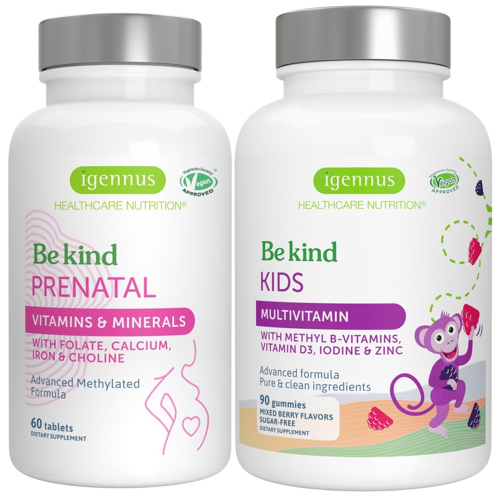 Wysoka absorpcja Methylled Prenatal + Advanced Kids Multivitamin Gummy Wegan Bundle, Czysty etykieta z witaminą A, B, C, D3 & E, 60 Tablets + 90 Berry Flavor Gummies, Be Kind by Igennus