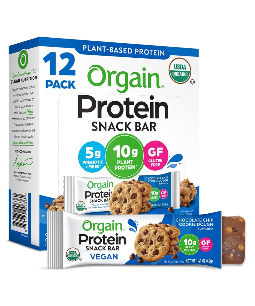 Orgain Organic Vegan Protein Bars, Chocolate Chip Cookie Dough - 10 g roślin na bazie białka, niskie Calorie zdrowe przekąski, brak laktozy lub składników sojowych, Gluten Free, Non-GMO - 1.41 Oz (Opakowanie 12)