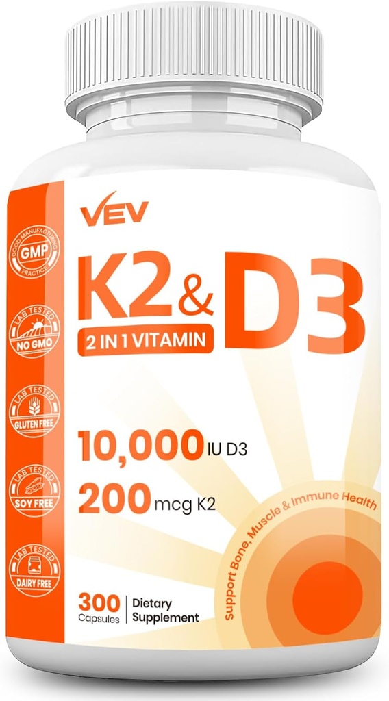 VEV Witamina D3 K2 - Kapsułki easy- to- Połknięcie, 300 Kapsułki (Opakowanie Może Wary)