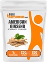 BulkSupplements.com American Ginseng Extract Powder - Suplement Ginseng, Suplementy ziołowe - Gluten Free, 1g per Serving, 250g (8.8 oz) (Opakowanie po 1)