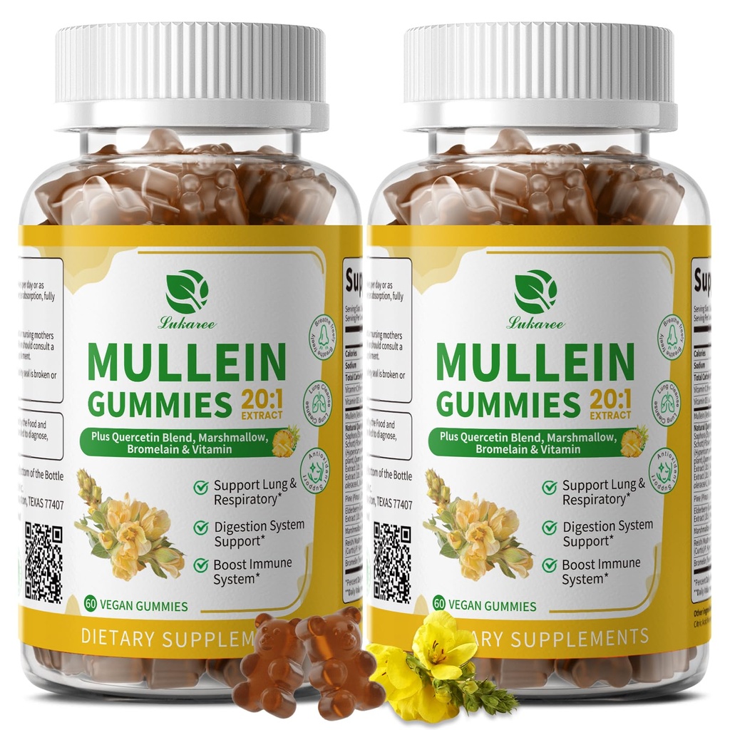 (2 Pack) 9 w 1 Mullein Gummies for Lung Cleanse & Detox, Extract Mullein Leaf Extract w / Quercetin, Bromelain, Elderberry & Marshmallow for oddechowy, Immune & Digestive, Wegan, 120 Count