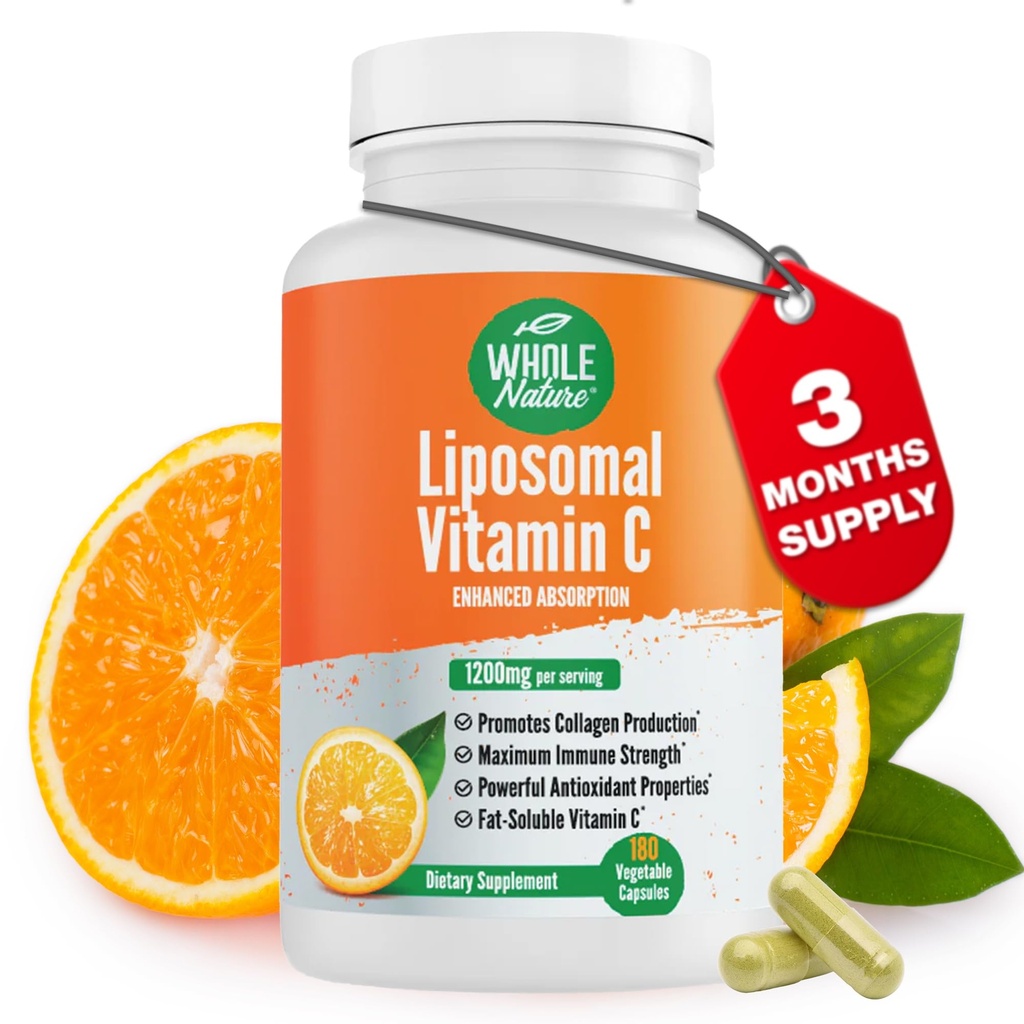 Liposomalna witamina C Supplement Pills 1200 mg - Wysoka absorpcja 180 Kapsułki Wegańskie Tłuszcz Rozpuszczalny VIT C, Maksymalna wytrzymałość System immunologiczny i Kolagen Booster, Lecytyna słonecznikowa