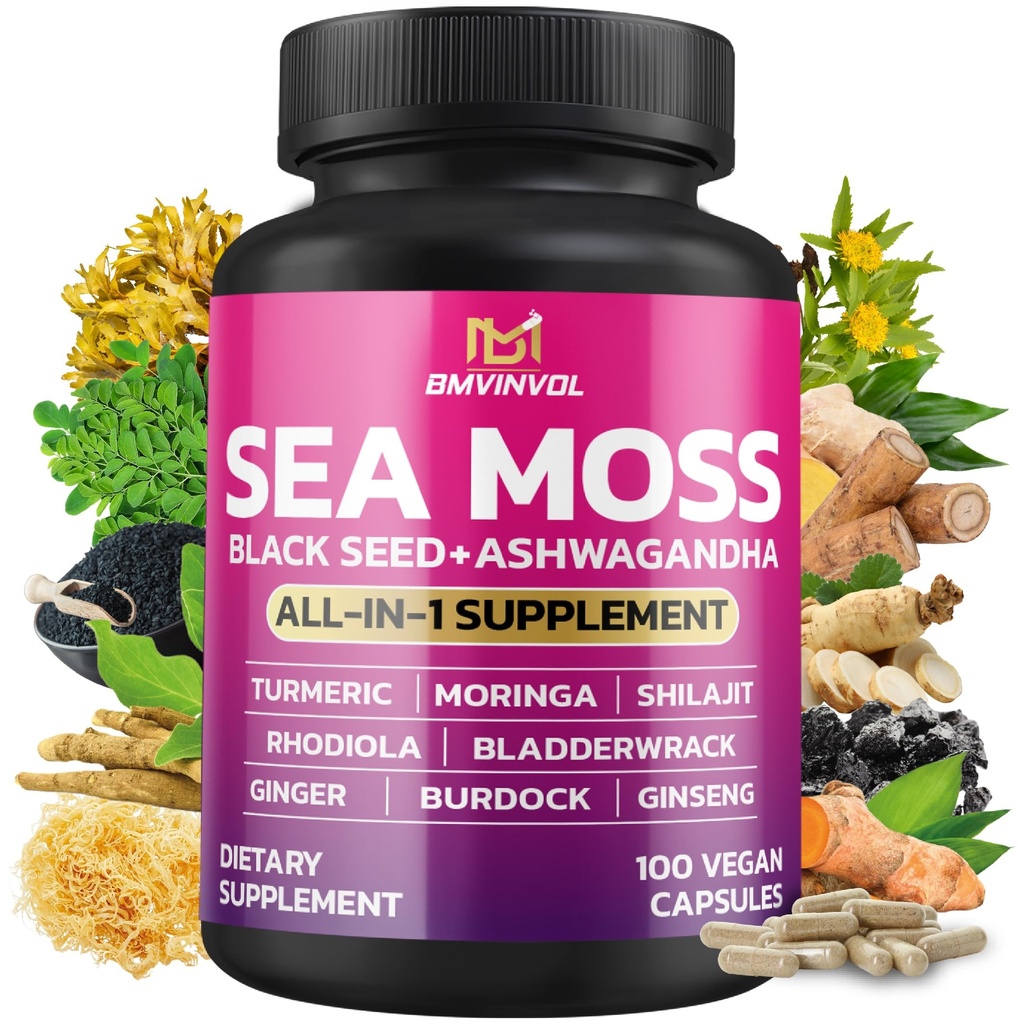 BMVINVOL Sea Moss Black Seed Shilajit Ashwagandha + Bladderwrack, Ginger, Moringa, Turmeric, Burdock, Ginseng, Rhodiola Rosea - 100 kapsułki