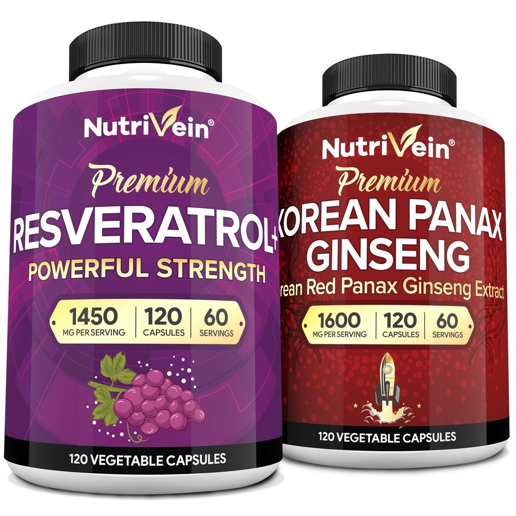 Nutrivein Premium Korean Panax Ginseng Supplement & Resveratrol Supplement Bundle: High-Absorption Resveratrol Capsules & Ginseng for Brain, Defenses, Repair, & Vitality