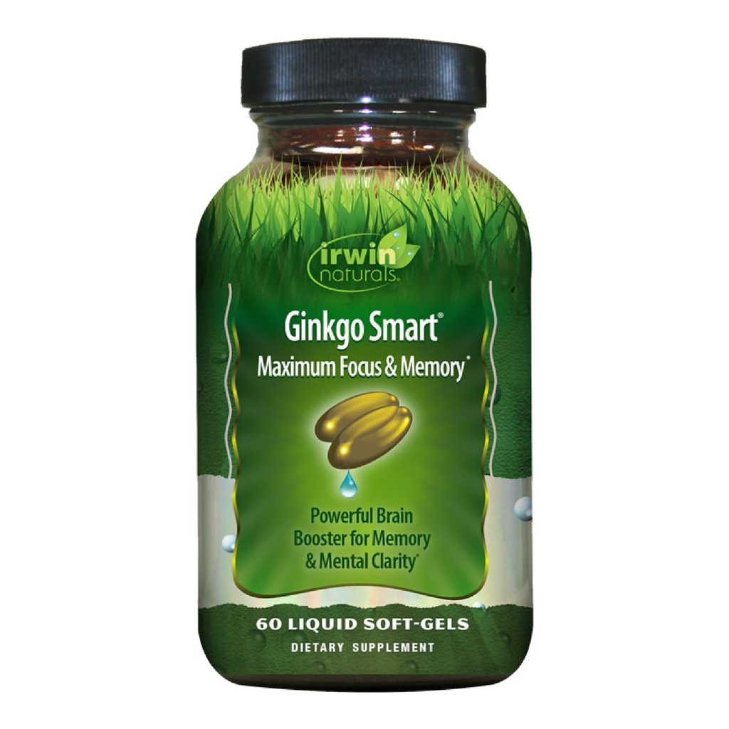 Irwin Naturals Ginkgo Smart Powerful Nootropic Brain Booster - Obsługuje maksymalną pamięć, Focus & Mental Jasność z DMAE, Clubmoss, Choline & Acetyl L- Karnityna - 60 Płynne Softgels