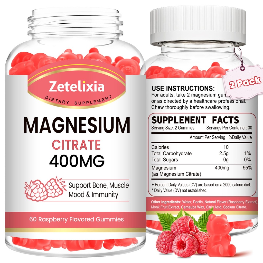 2 Opakowanie Magnezu Cytrate Gummies 400MG, Wysoka Absorpcja Gummies Magnezu dla dorosłych, Mięśnie i Teeth Support, Wegan 120 Cts