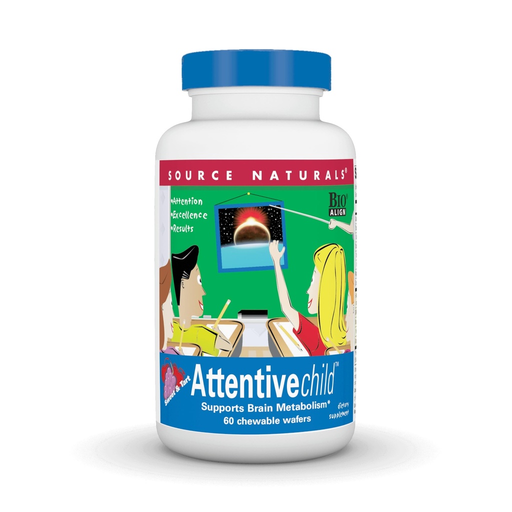 Źródło Naturals Attentive Child - Healthy Cognitive Nutrigents for Active Children - Lepsza koncentracja i uwaga z DMAE, Magnezu, Cynk & Grape Seed Extract - 60 Wafers do żucia.