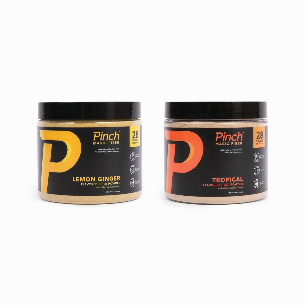 Pinch Magic Fiber 124; Suplement prebiotyczny dla zdrowia trawiennego 124; Pzyllium Husk w proszku 124; Keto, Vegan, Sugar- Free 124; Tropical & Lemon Ginger Flavors 124; USA- Made 124; 28- Day Supply for All