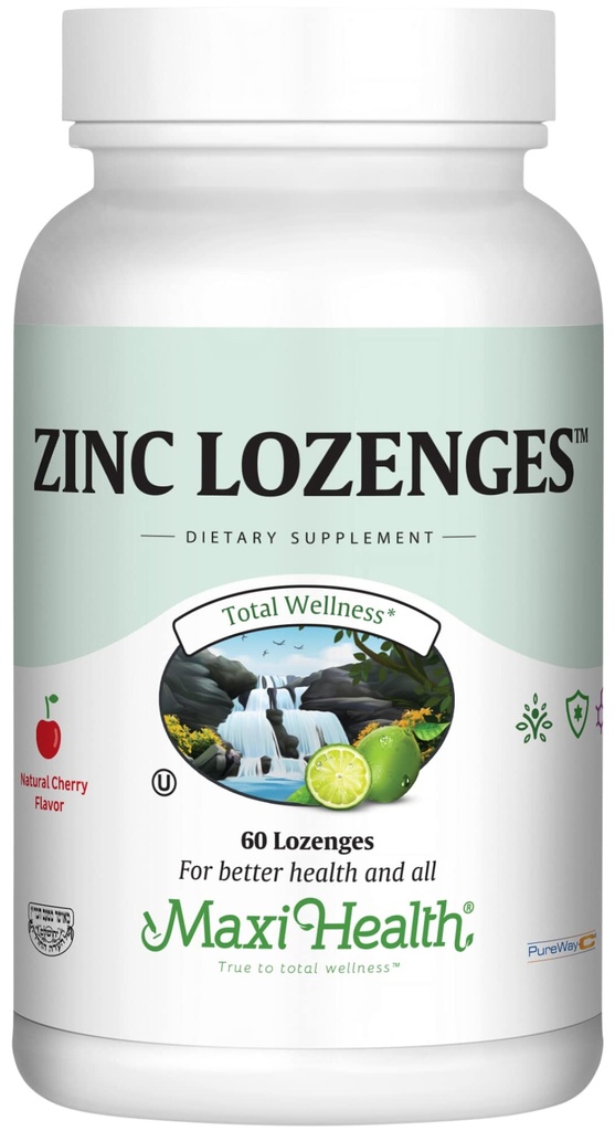Maxi- Health Cynk Lozenges - Cytrat cynku 10mg - z witaminą C - Cherry Flavor - 60 Chewables - Kosher