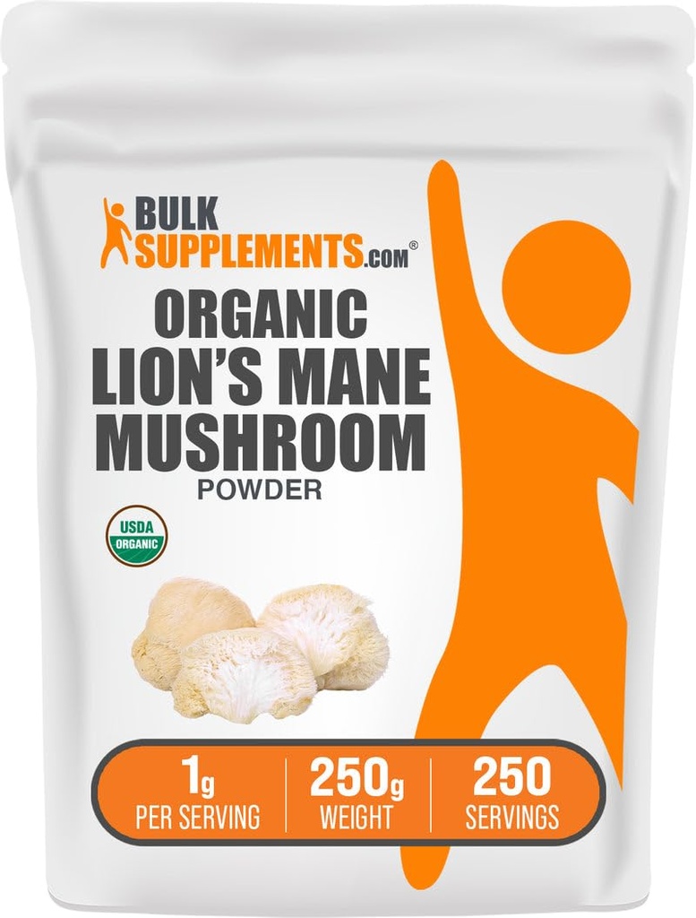 BulkSupplements.com Organic Lions Mane Mushroom Powder - Lions Mane Powder, Mushroom Supplement - Vegan & Gluten Free, 1 g na serving, 250g (8.8 oz) (Opakowanie po 1)