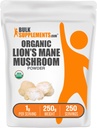 BulkSupplements.com Organic Lions Mane Mushroom Powder - Lions Mane Powder, Mushroom Supplement - Vegan & Gluten Free, 1 g na serving, 250g (8.8 oz) (Opakowanie po 1)
