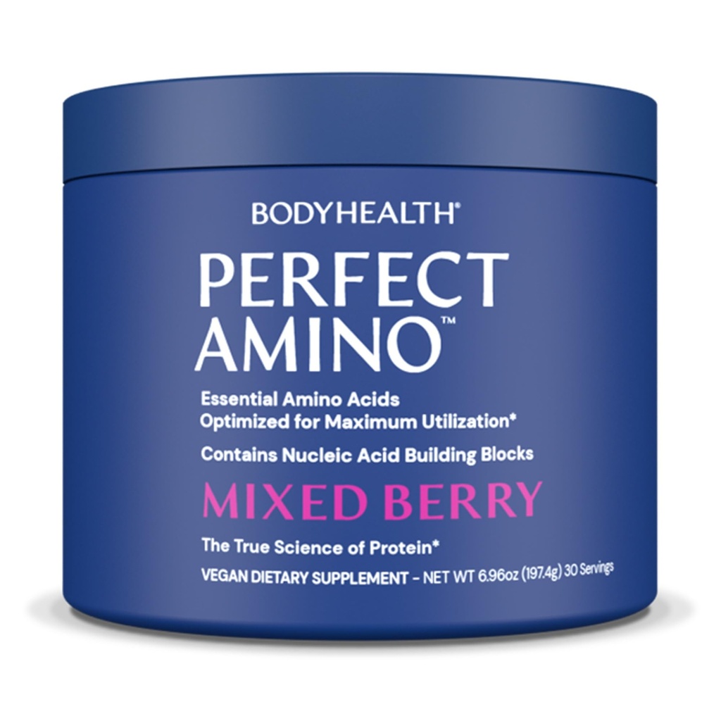 BodyHealth PerfectAmino w proszku - BCAA i EAA w proszku do ćwiczeń przed i po - Acid Acid Energy Drink dla mężczyzn i kobiet w celu wsparcia Lean Muscle and Recovery - Mieszane Berry - 30 Służenia