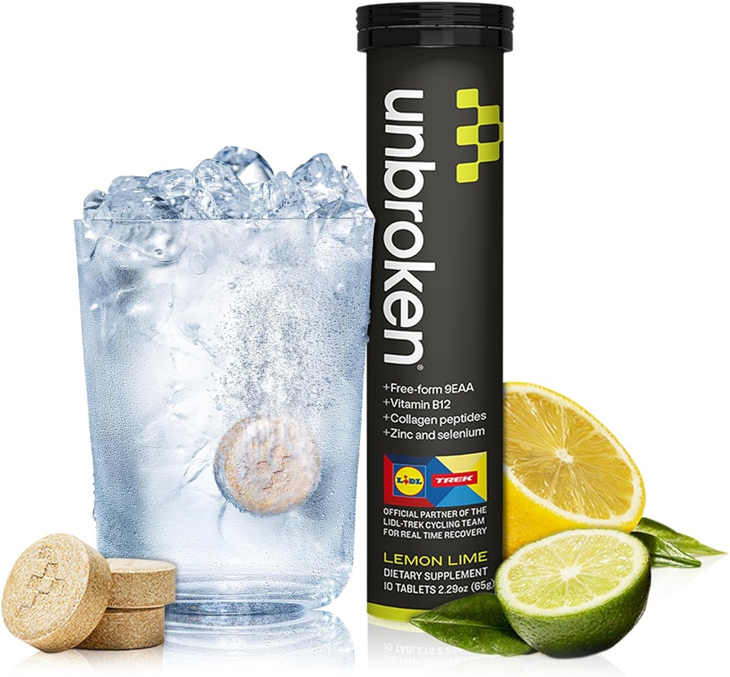 UNBROKEN 9EAA / BCAA Recovery Tablets (60% FREE- FORM / 40% Di- & Tri- Peptydes), Acids Amino Supplement for Faster Recovery & Less Muscle Sociency, Post & Pre- Workout for Men & Women, 10 Ser., Lemon Lime