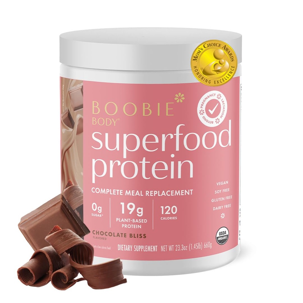 Boobie Body Superfood Protein Ciąża i Poppartum Mączka Shake zastępczy, Czekoladowy połysk Flavor 124; 19g Białko 124; Safe for Lactation & Macierzyństwo 124; Organic, Wegan, Zero Sugar, 1 Tub (20 Służenie)