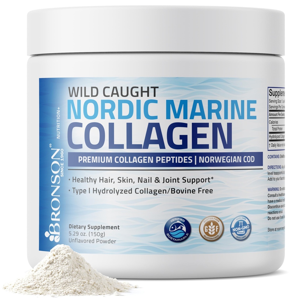 Bronson Marine Collagen Peptydes Zhydrolizowany proszek białkowy 100% Wild Caught Nordic Cod Zweryfikowane zrównoważone źródło łączników skóry paznokci włosów i kości 150g (5.29oz)
