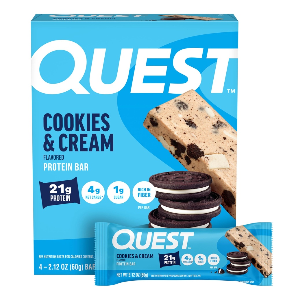 Quest Nutrition Cookies & Cream Protein Bars, 21g Protein, 4g Net Carbs, 1 g Cukier, Gluten Free, Keto Friendly, 4 Hrabia