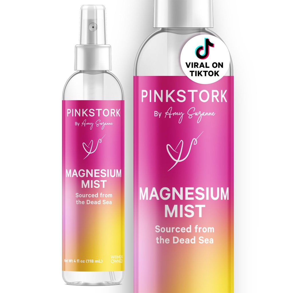Pink Stork Magnezu rozpylacz Mist - dla spokoju, stresu i snu, Wsparcie choroby sezonowej, Ciąża musi Hakes, 200 mg na 6 Spray, Czysty chlorek magnezu Spray ciała, 4 oz, Niezapachowy