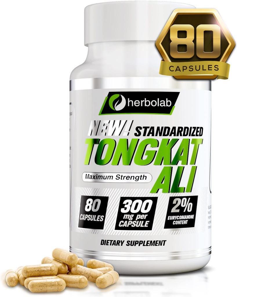 Herbolab Tongkat Ali For Men Root Supplement 200: 1, Standard to 2% Eurycomanone, 1200mg, 30 Day Supply, Longjack Tongkat Ali for Men, Eurycoma Longifolia Extract Powder Kapsułki, Malezyjski Ginseng