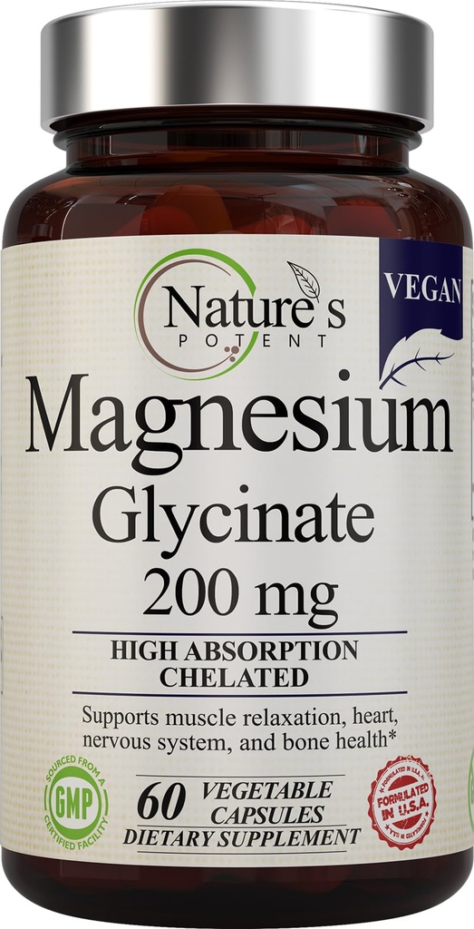 Nature 's Pothent Magnezu Glycinate 200mg Bis 124; Wysoka Absorpcja Chelated Magnezu Bis 124; Sen, Spokój i mięśnie Cramp Support 124; Vegan Suplement
