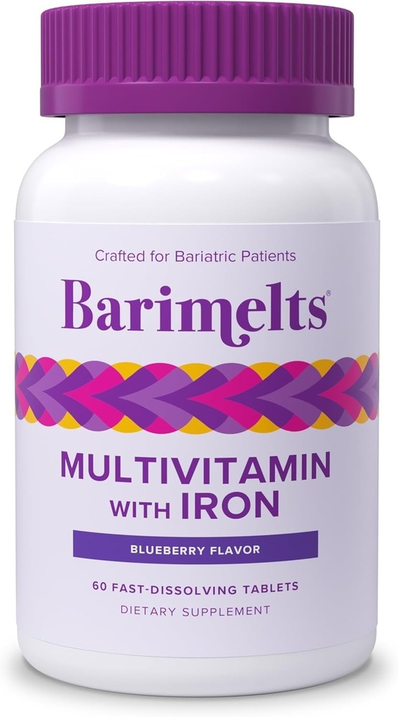 BariMelts Bariatric Multivitamine with Iron - 1 Miesiąc dostaw (60 Fast- Rozpuszczanie tabletek) - Bez cukru - Post- Op Bariatric Vitamin - Natural Blueberry Flavor