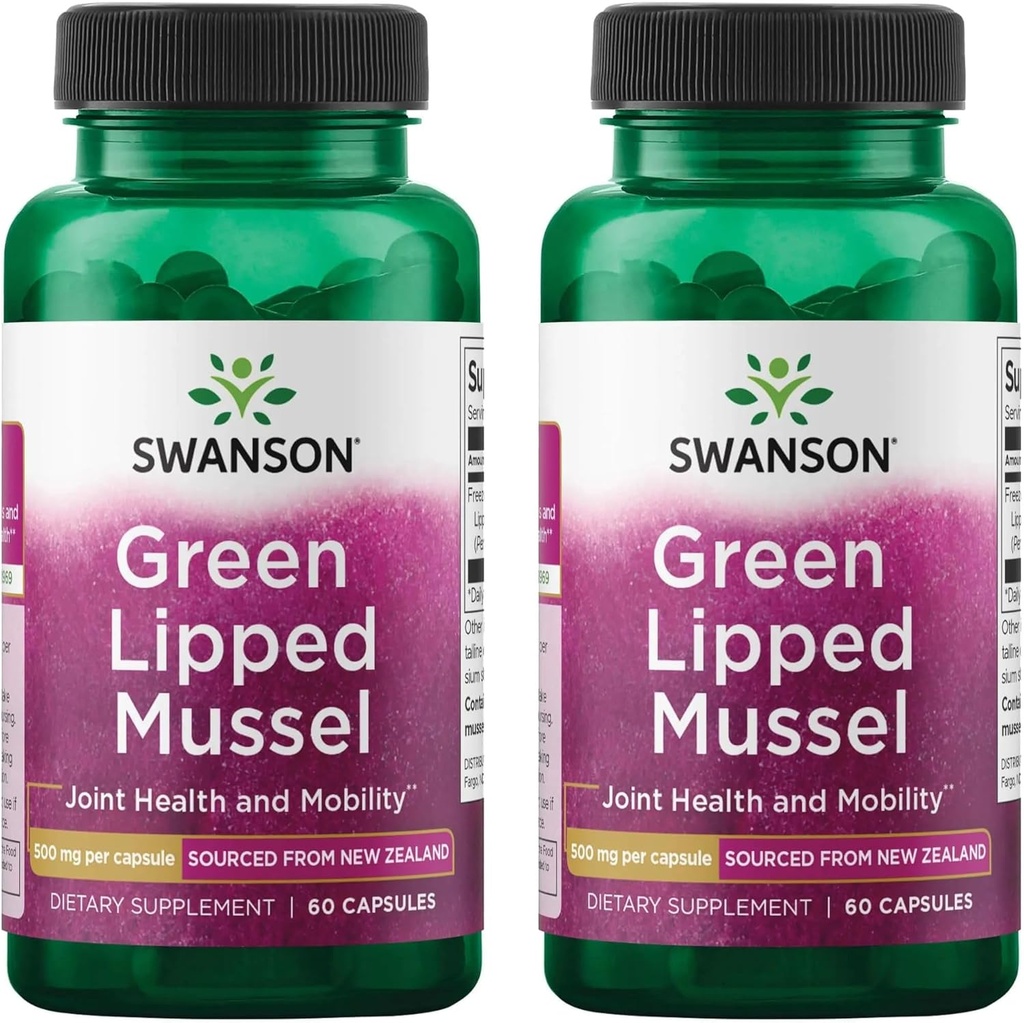 Swanson Green Lipped Mussel (Freeze- Suszony) - New Zealand Joint Health & Mobility Supplement - Natural Formula May Support Heart Health & Digestive Function - (60 kapsułek, 500 mg każdy) (2 opakowania)