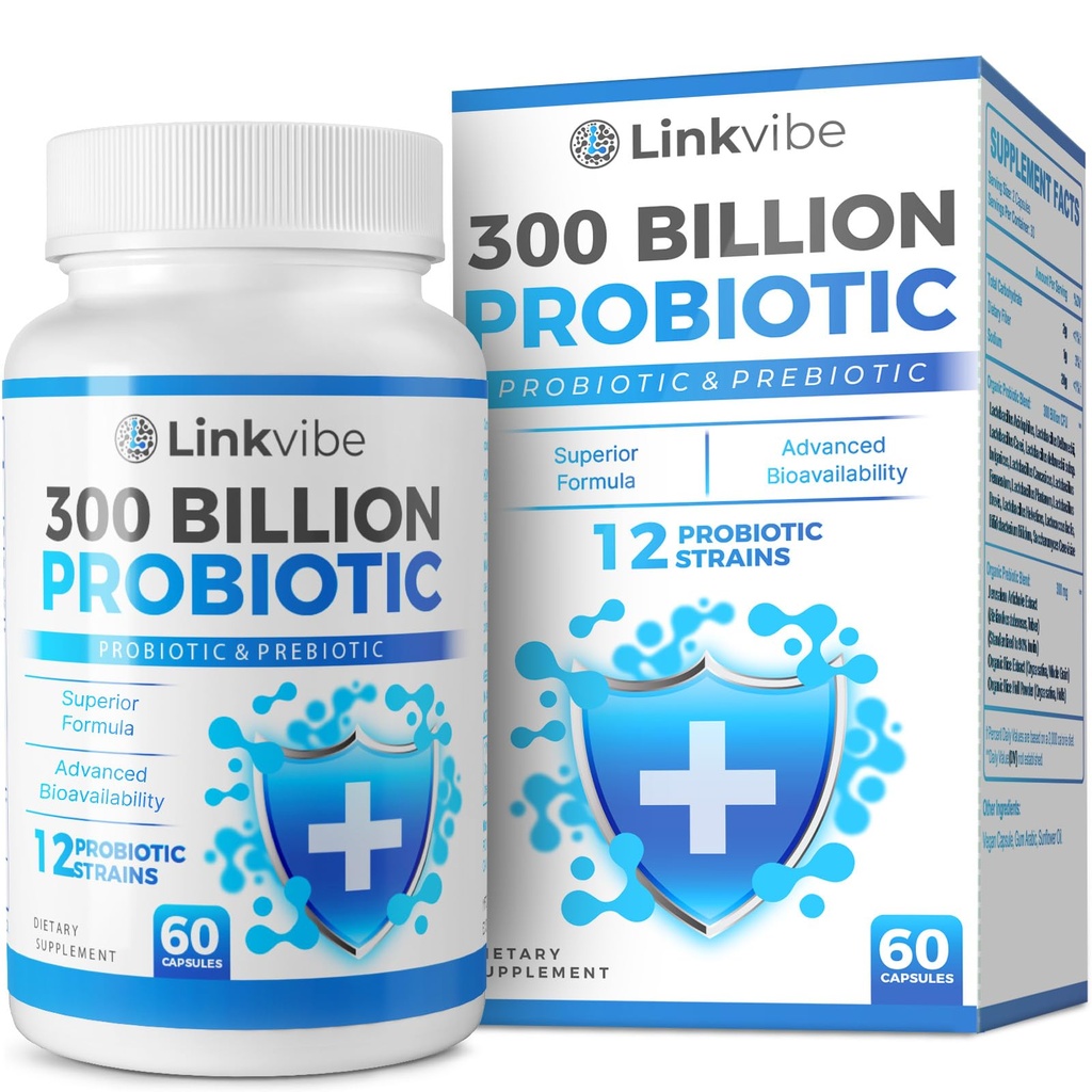 Probiotyk 300 Miliard CFU - 12 Szczepów z Organic Prebiotyki dla Digestive & Gut, immunologiczne, Bloating Health - Probiotyki dla kobiet i mężczyzn - Daily Dairy Free, Szafka Stabilna - 60 Liczby
