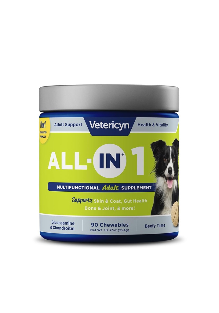 Vetericyn All- in 1 Multifunctional Dog Supplement Supplement Equipment 124; Digestive Enzymes + Glukozamina i Chondroitin for Bone and Joint Support + Vitaminy, Antyoksydanty, Prebiotyki, Probiotyki i Omegas. 90