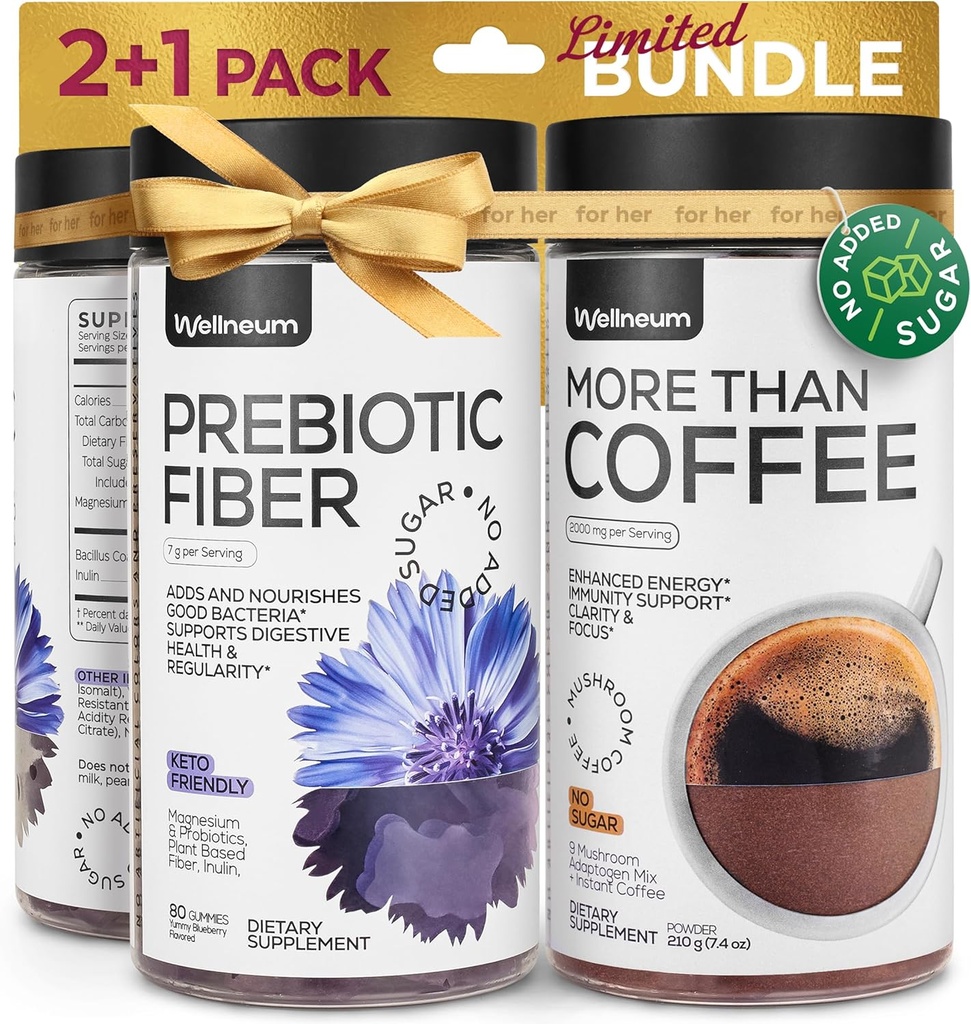 Grzyb Kawa i wysokiej gumki prebiotyczne Fiber Bundle - 9 Grzyb Adaptogen Mix, Dietetyczny Fiber 7G, Probiotyczne - Natychmiastowy Grzyb Kawa i Fiber Chews for Immunity, Gut Health - dla mężczyzn i kobiet
