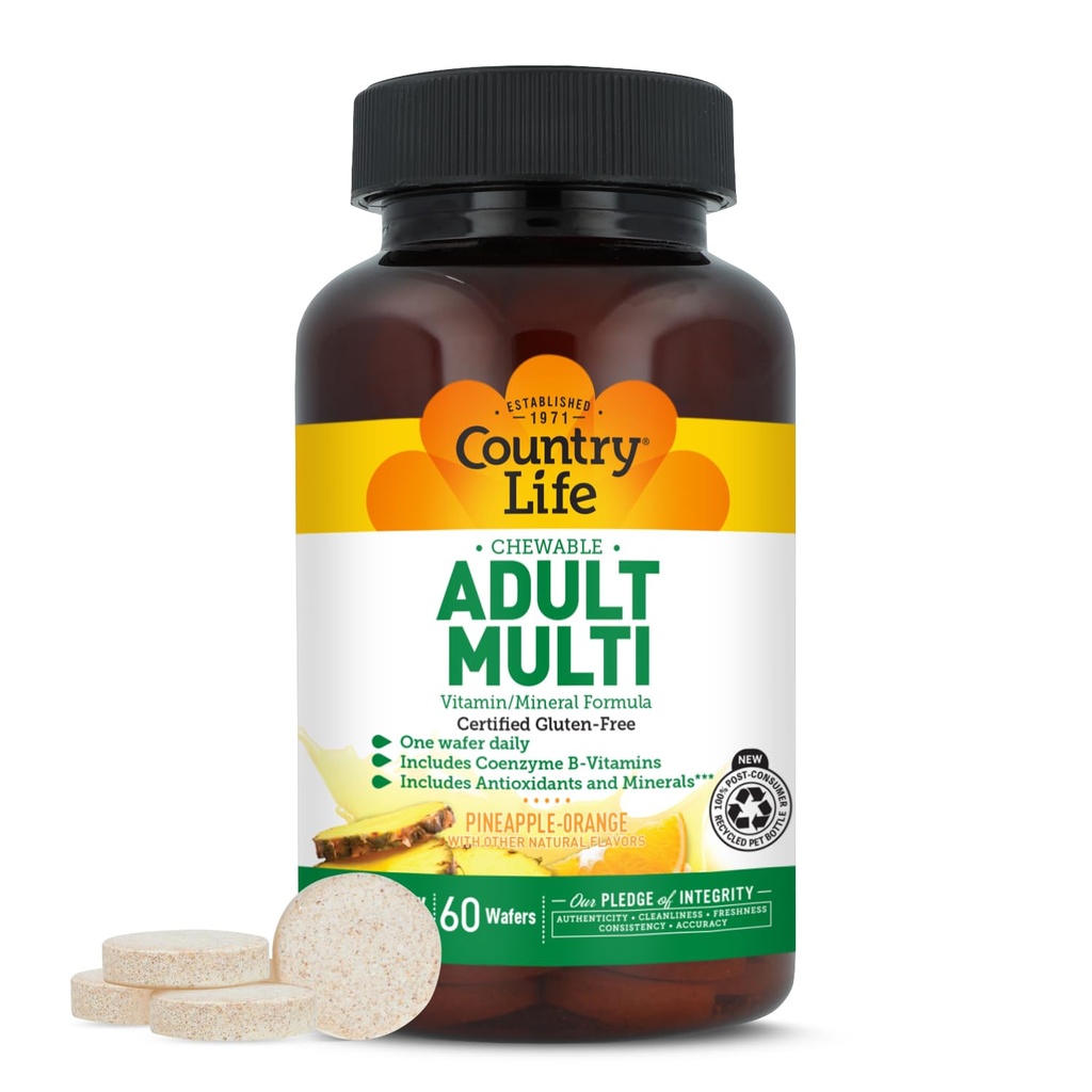 Country Life Adult Chewable Multivitamin z koenzym B- Witaminy, Przeciwutleniacze, Minerały, Pineapple- Pomarańczowy Flavor - Wspiera Energy Metabolizm i Immune Health, Gluten Free - 60 Wafers
