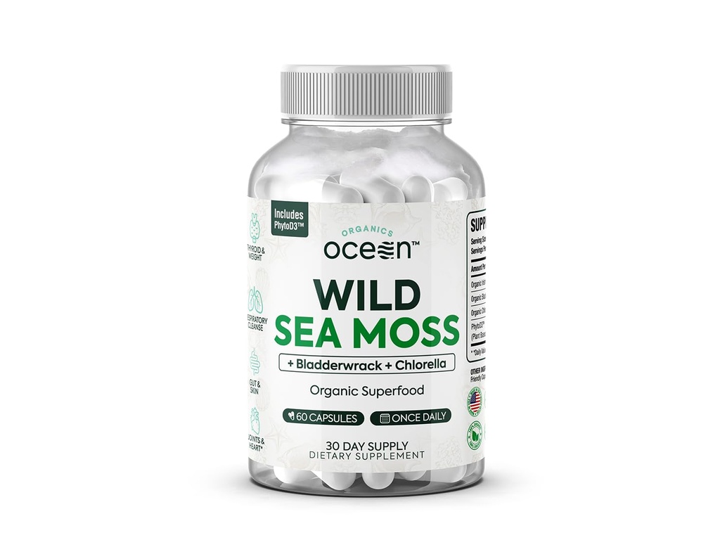 Organic Ocean Wild Sea Moss Kapsułki - 100% Organic Irish Sea Moss z Organic Chlorella, Bladderwrack i witaminy D dla energii, Lung Health i Tyroid Wsparcie dla kobiet i mężczyzn - 60 Kapsułki