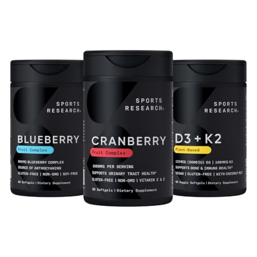 Sports Research Cranberry Fruit Complex Supplement with Pacran & Vitamin C & E, Whole Fruit Blueberry Concentrat Made from Organic Blueberries and Plant Based Witamina D3 + K2 with Coconut Oil