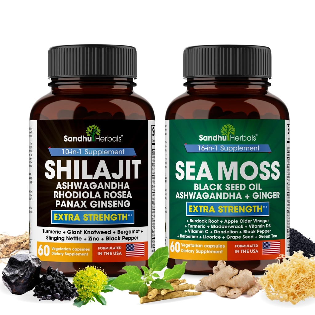 Shilajit Sea Moss Ashwagandha Combo Bundle - Black Seed Oil, Turmeric, Rhodiola Rosea, Panax, Ginseng Supplement Agregable 124; 120 Kapsułki, Better Than Gummies, Resin 124; Seamoss for Men & Women