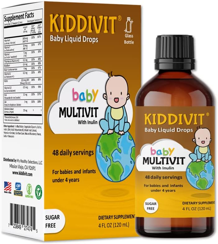 Kiddivit Baby Multivitamin płynne krople z inuliną - 48 codzienne służby, 4 Fl Oz (120ml) - Butelka szklana - Bez cukru, Bez glutenu, Przyjazny wegetarianin