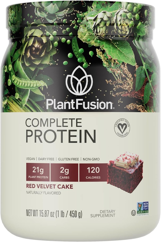 PlantFusion Complete Vegan Protein Powder - Proszek białko oparte na roślinach z BCAA, Enzymy trawienne i Pea Protein - Keto, Gluten Free, Soy Free, Non-Dairy, No Sugar, Non-GMO - Red Velvet 1 lb