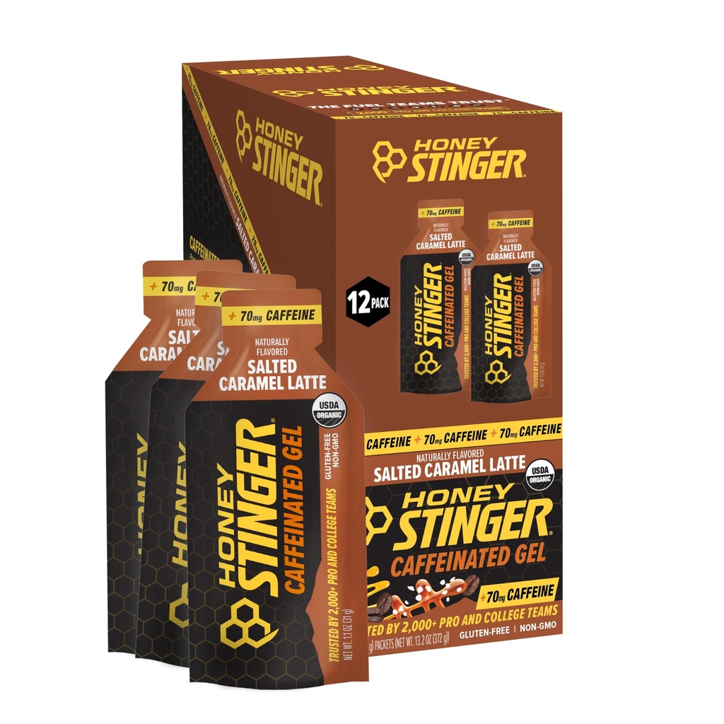 Miodowy Stinger Organic Karmel energii żel, Kofeina & Gluten Free, do ćwiczeń, Bieganie i wydajność, Sports Nutrition for Home & Gym, Pre and Mid Workout, 12 Pack, 13.2 unce