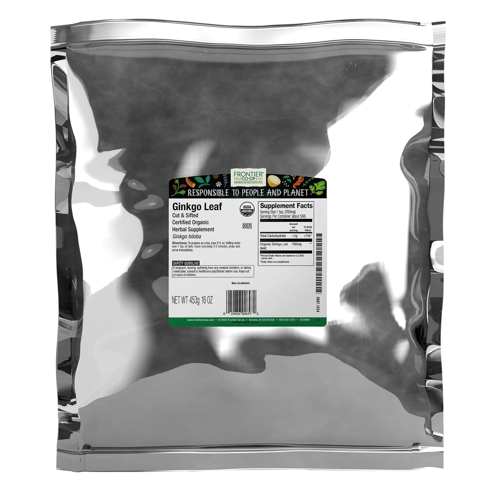 Frontier Co- op Organic Ginkgo Leaf, 1lb Bag luzem, Cięcie i Sifted 124; Suszony Ginkgo Biloba Leaf 124; Idealny do stosowania herbaty i ziół, Kosher