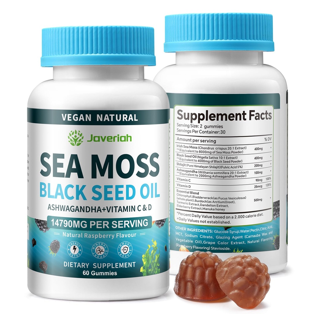Wegański Ashwagandha Mech Mech Gummies - Czarny olej nasienny, Witamina C & D do wsparcia immunologicznego, Digestive, Przeciwutleniacz 13 w 1 Bundle, Sea Moss Chlorophyll Advanced Strength Formula 2Pack 120 Gummies