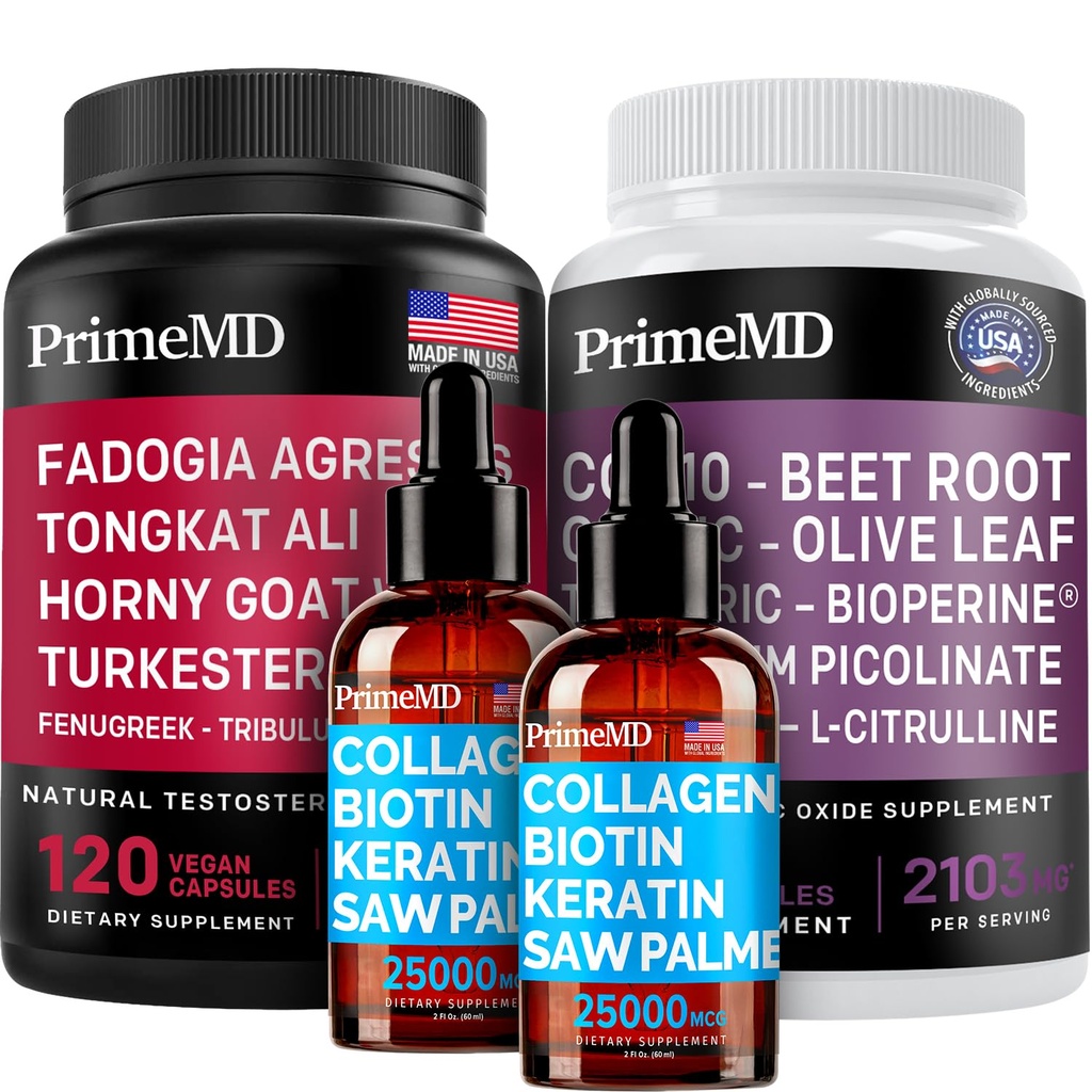 Liquid Collagen Biotin (2pk), Fadogia Tongkat Ali (1pk) i Nitric Oxide (1pk) Supplement Bundle - Pothent Vitamin for Hair, Skin, Nails, Heart, Energy, & Testosteron Support - Non-GMO, Vegan