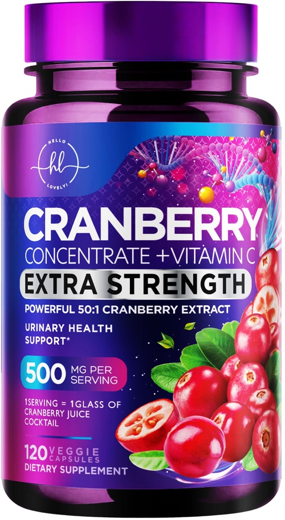 Suplement żurawinowy 25,000mg Formuła + Witamina C - Urynary Tract Health Support for Women & Men, 50: 1 Whole Fruit Cranberry Extract Pills for Women, Sugar- Free, Non-GMO, Gluten- Free - 120 Kapsułki
