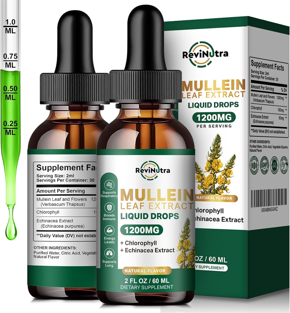 2 Pack Mullein Drops for Lungs, 1200mg Mullein Leaf Extract Liquid Drops with Chlorophyll for Lung Cleanse & Detox, Wsparcie dla układu oddechowego, immunologicznego, pokarmowego